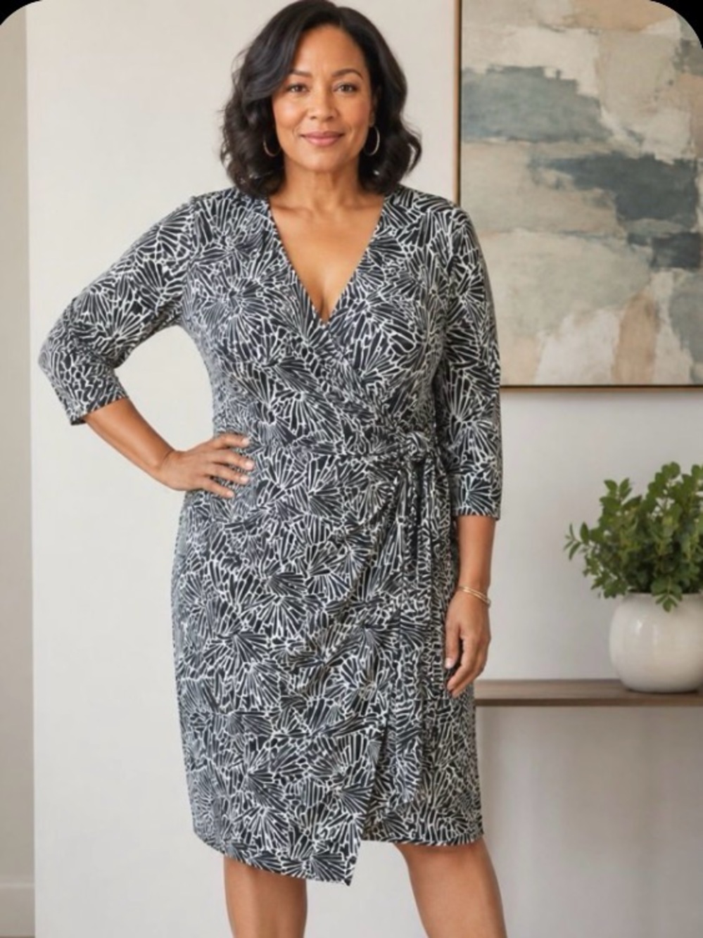 BCBGMaxAzria Blue and Teal Abstract Fan Print Wrap Dress